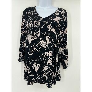 Chicos Travelers Womens 1 Medium Black Tan Abstract V-Neck Roll Tab Tunic Top
